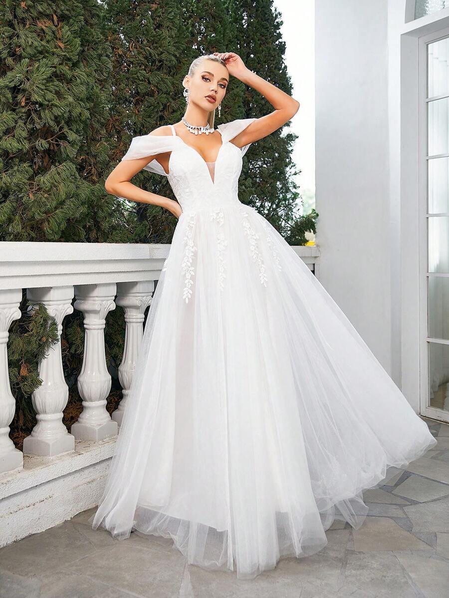 蕾絲拼接網紗覆蓋吊帶婚紗連衣裙 - 白色 - 查看 1