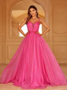 Mesh Overlay Cami Dress - Hot Pink - View 1