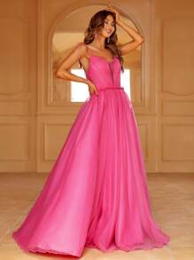 Mesh Overlay Cami Dress - Hot Pink - View 3