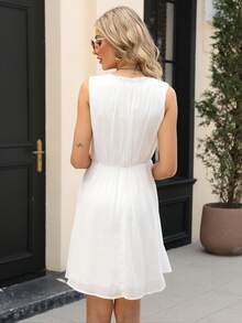 Chất rắn Lá sen tỉa Chiffon Đầm - trắng - Xem 2