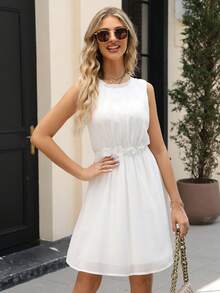 Chất rắn Lá sen tỉa Chiffon Đầm - trắng - Xem 3