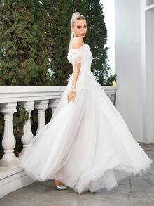 蕾絲拼接網紗覆蓋吊帶婚紗連衣裙 - 白色 - 查看 6