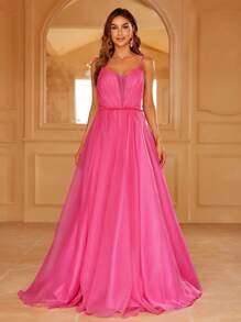 Mesh Overlay Cami Dress - Hot Pink - View 4