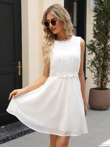 Chất rắn Lá sen tỉa Chiffon Đầm - trắng - Xem 4