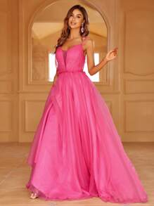 Mesh Overlay Cami Dress - Hot Pink - View 5