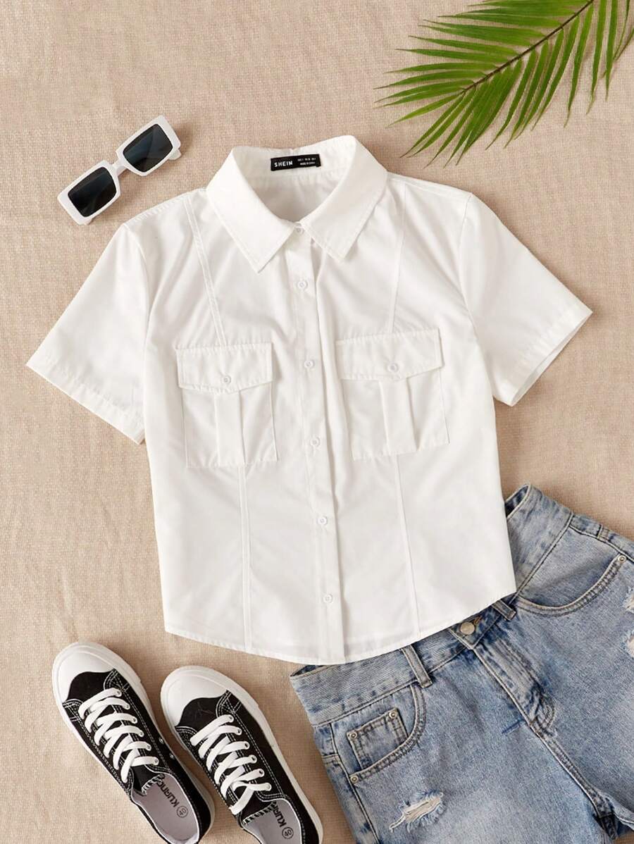 SHEIN EZwear Túi có nắp Nút phía trước Áo sơ mi - trắng - Xem 1