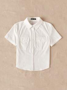 SHEIN EZwear Túi có nắp Nút phía trước Áo sơ mi - trắng - Xem 3