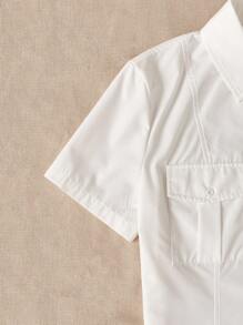 SHEIN EZwear Túi có nắp Nút phía trước Áo sơ mi - trắng - Xem 4