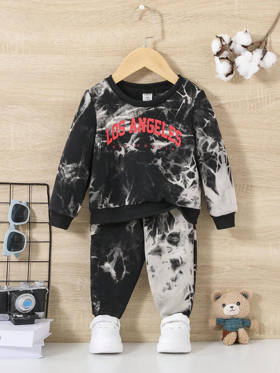 SHEIN 男嬰紮染字母圖案衛衣和衛褲 - 黑與白 - 查看 1