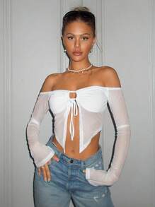 SHEIN ICON Off Shoulder Knot Front Asymmetrical Hem Mesh White Top - White - View 2