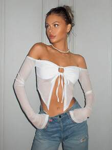 SHEIN ICON Off Shoulder Knot Front Asymmetrical Hem Mesh White Top - White - View 4