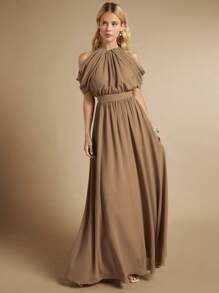 SHEIN Belle Cold Shoulder Ruched Bust Floor Length Bridesmaid Dress Elegant Formal Evening Prom Wedding Guest Gown, For Graduation, Dinner
