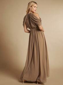 SHEIN Belle Cold Shoulder Ruched Bust Floor Length Bridesmaid Dress Elegant Formal Evening Prom Wedding Guest Gown, For Graduation, Dinner