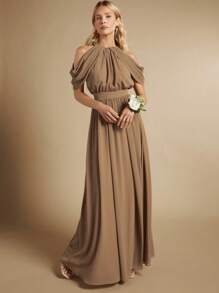 SHEIN Belle Cold Shoulder Ruched Bust Floor Length Bridesmaid Dress Elegant Formal Evening Prom Wedding Guest Gown, For Graduation, Dinner