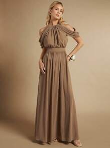 SHEIN Belle Cold Shoulder Ruched Bust Floor Length Bridesmaid Dress Elegant Formal Evening Prom Wedding Guest Gown, For Graduation, Dinner