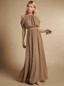 SHEIN Belle Cold Shoulder Ruched Bust Floor Length Bridesmaid Dress Elegant Formal Evening Prom Wedding Guest Gown, For Graduation, Dinner
