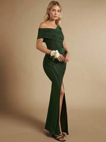 SHEIN Belle Cổ không đối xứng Xù Tách đùi Long lanh Váy phù dâu - Màu xanh lá cây đậm - Xem 4