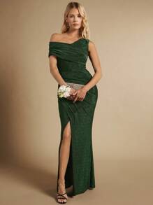 SHEIN Belle Cổ không đối xứng Xù Tách đùi Long lanh Váy phù dâu - Màu xanh lá cây đậm - Xem 3