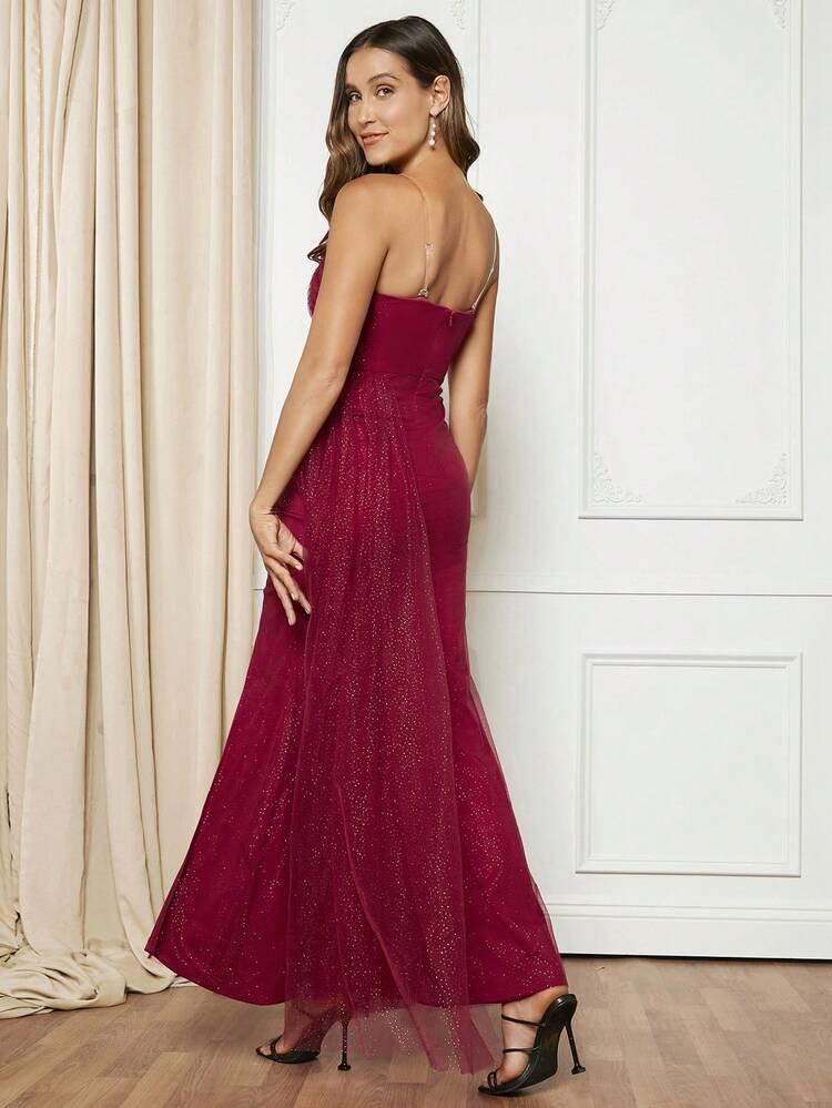 Split Thigh Mesh Overlay Tube Dress Without Transparent Straps