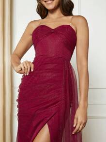 SHEIN Belle Split Thigh Mesh Overlay Tube Dress Without Transparent Straps - Rose Red - View 6