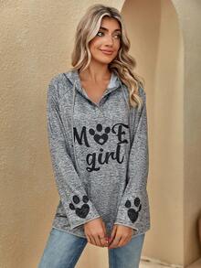 SHEIN LUNE Letter Graphic Kangaroo Pocket Drawstring Hoodie - Multicolor - View 3