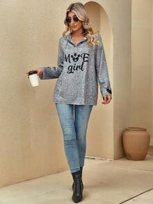 SHEIN LUNE Letter Graphic Kangaroo Pocket Drawstring Hoodie - Multicolor - View 5