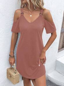 SHEIN LUNE Vestido estilo camiseta unicolor de hombros descubiertos - Rosa vieja - Ver 1