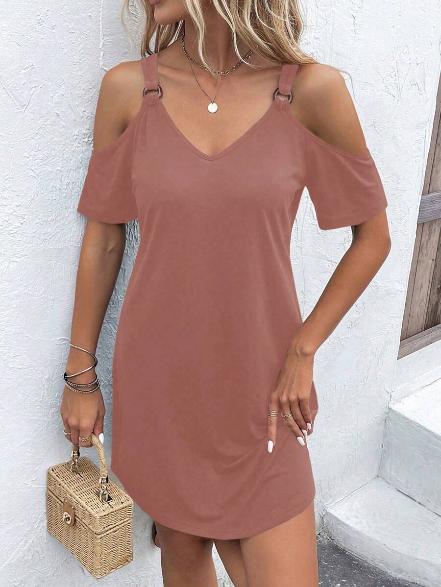 SHEIN LUNE Vestido estilo camiseta unicolor de hombros descubiertos - Rosa vieja - Ver 1