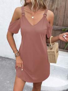 SHEIN LUNE Vestido estilo camiseta unicolor de hombros descubiertos - Rosa vieja - Ver 3