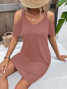SHEIN LUNE Vestido estilo camiseta unicolor de hombros descubiertos - Rosa vieja - Ver 5
