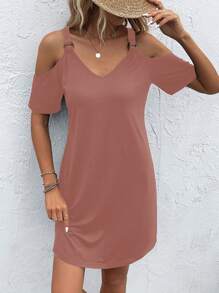 SHEIN LUNE Vestido estilo camiseta unicolor de hombros descubiertos - Rosa vieja - Ver 6