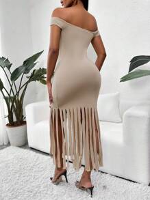 SHEIN SXY Twist Front Fringe Hem Off Shoulder Mermaid Hem Dress - Khaki - View 2