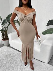SHEIN SXY Twist Front Fringe Hem Off Shoulder Mermaid Hem Dress - Khaki - View 5