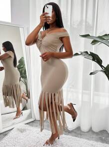 SHEIN SXY Twist Front Fringe Hem Off Shoulder Mermaid Hem Dress - Khaki - View 1