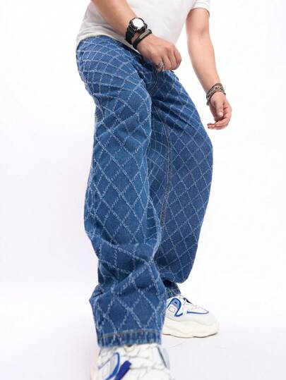 Guys Plaid Print Straight Leg Jeans