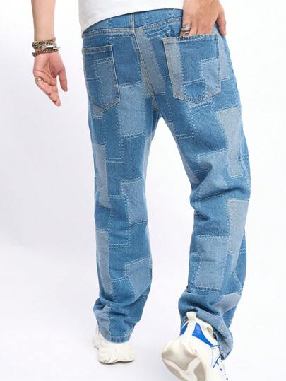 Jeans droits avec poche oblique de couleur contrastée pour hommes