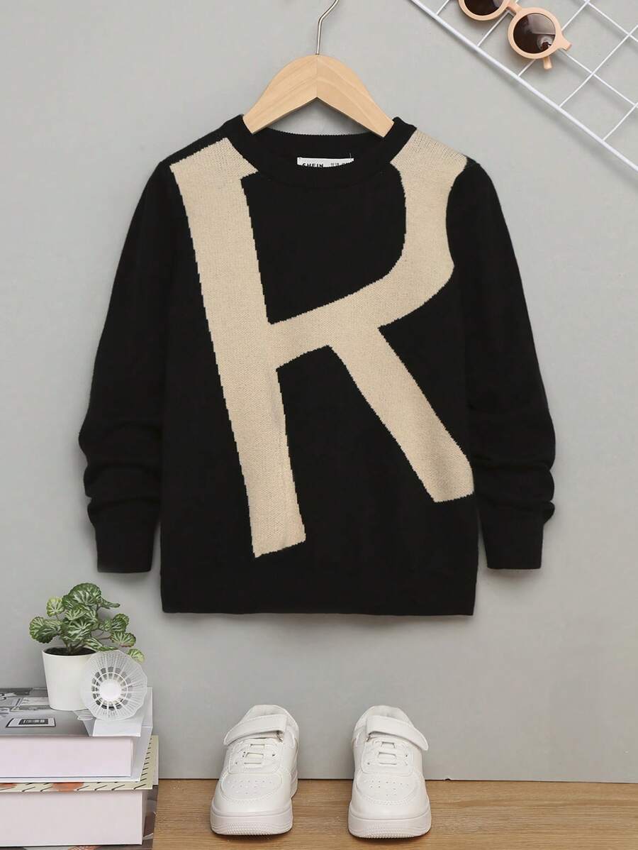 SHEIN Cậu bé Tween Lỏng lẻo phù hợp Tay áo dài Vòng cổ Mẫu chữ Áo len - màu đen - Xem 1