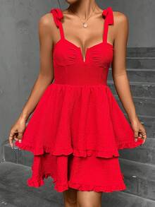 SHEIN Unity Tie Shoulder Two Layer Hem Cami Dress - Red - View 5