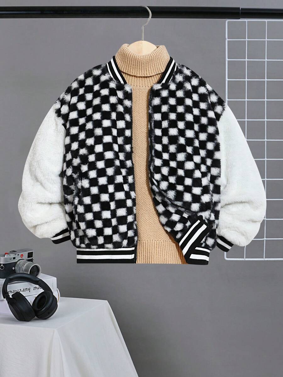 SHEIN Tween Boy Checker Pattern Striped Trim Fuzzy Coat Without Jumper - Black and White - View 1