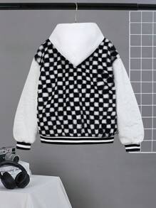 SHEIN Tween Boy Checker Pattern Striped Trim Fuzzy Coat Without Jumper - Black and White - View 4