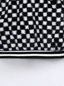 SHEIN Tween Boy Checker Pattern Striped Trim Fuzzy Coat Without Jumper - Black and White - View 7