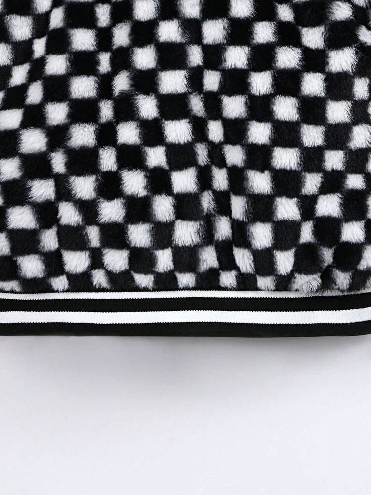 Tween Boy Checker Pattern Striped Trim Fuzzy Coat Without Sweater