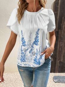 SHEIN LUNE Floral Print Petal Sleeve Plicated Detail Guipure Lace Trim Blouse - White - View 5