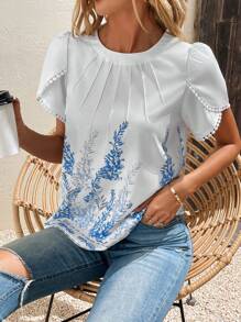 SHEIN LUNE Floral Print Petal Sleeve Plicated Detail Guipure Lace Trim Blouse - White - View 1