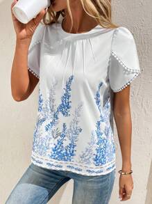SHEIN LUNE Floral Print Petal Sleeve Plicated Detail Guipure Lace Trim Blouse - White - View 6