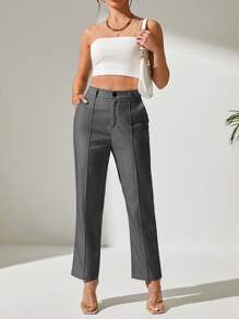 SHEIN PETITE High Waist Slant Pocket Suit Pants In Fall/Winter - Grey - View 3