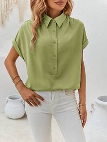 SHEIN Clasi Blusa unicolor de manga murciélago de tapeta con botón - Verde Lima - Ver 5