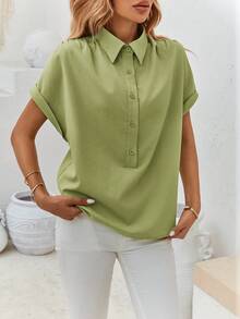 SHEIN Clasi Blusa unicolor de manga murciélago de tapeta con botón - Verde Lima - Ver 6
