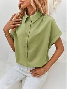 SHEIN Clasi Blusa unicolor de manga murciélago de tapeta con botón - Verde Lima - Ver 7