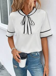 EMERY ROSE Contrast Binding Tie Neck Blouse,Short Sleeve Tops - White - View 2